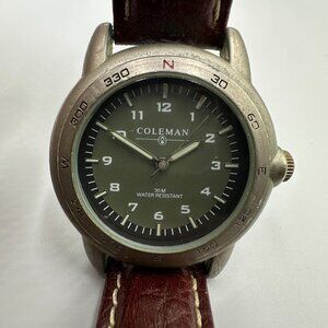 Coleman Watch Men Silver Tone Green Dial Brown Leather Band 40MM Dial Working 9"